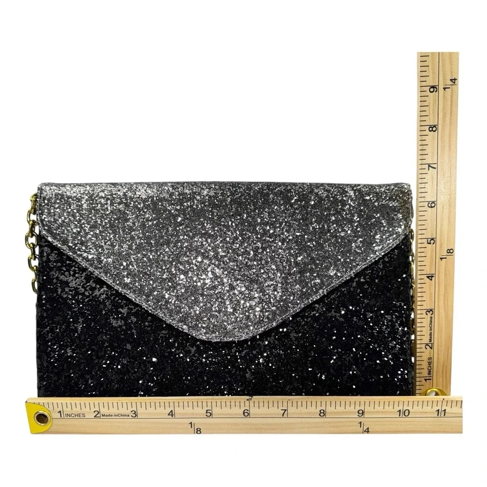 J CREW Black Silver Glitter Chain Cocktail Party Small Envelope Purse Bag Clutch